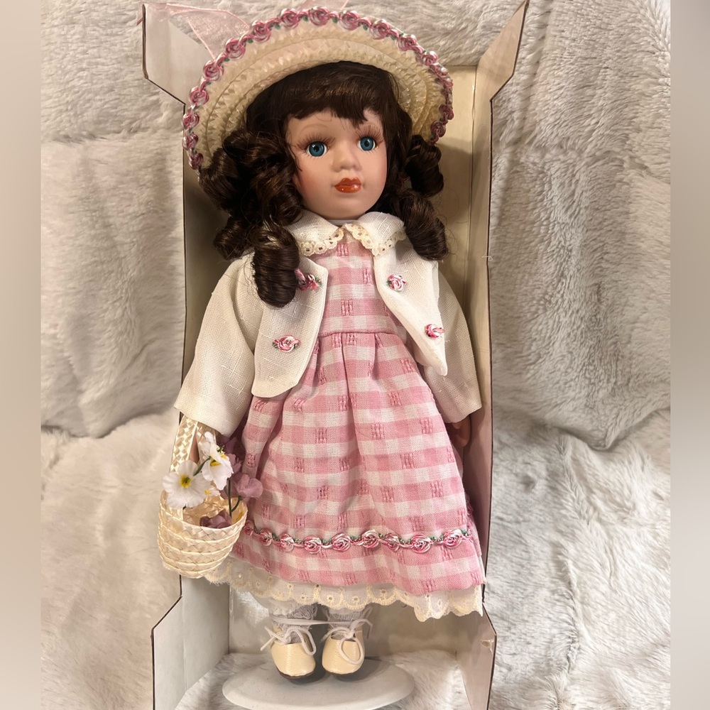 Collectible Porcelain Doll with Brown Curl Hair Pink Dress Straw Hat with Stand - Picture 8 of 13